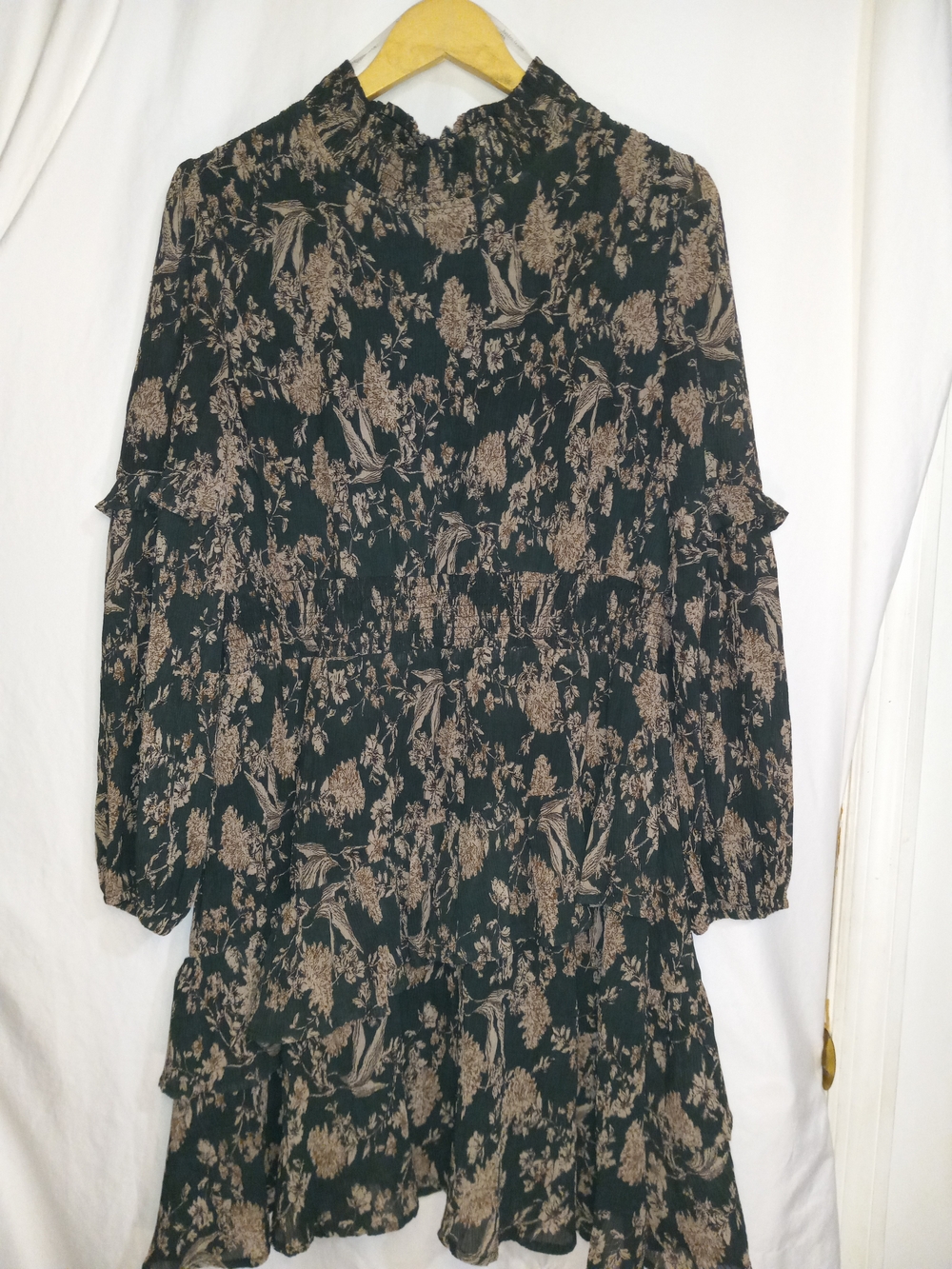Hayden High Neck Tiered Mini Dress in Dark Green Floral Size Large